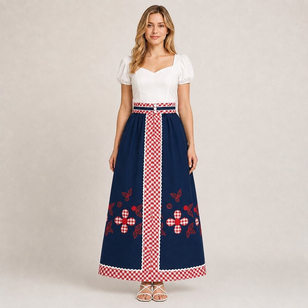 Vintage 70s Mod Folk Maxi Skirt Navy Gingham Floral Applique High Waist XS S -